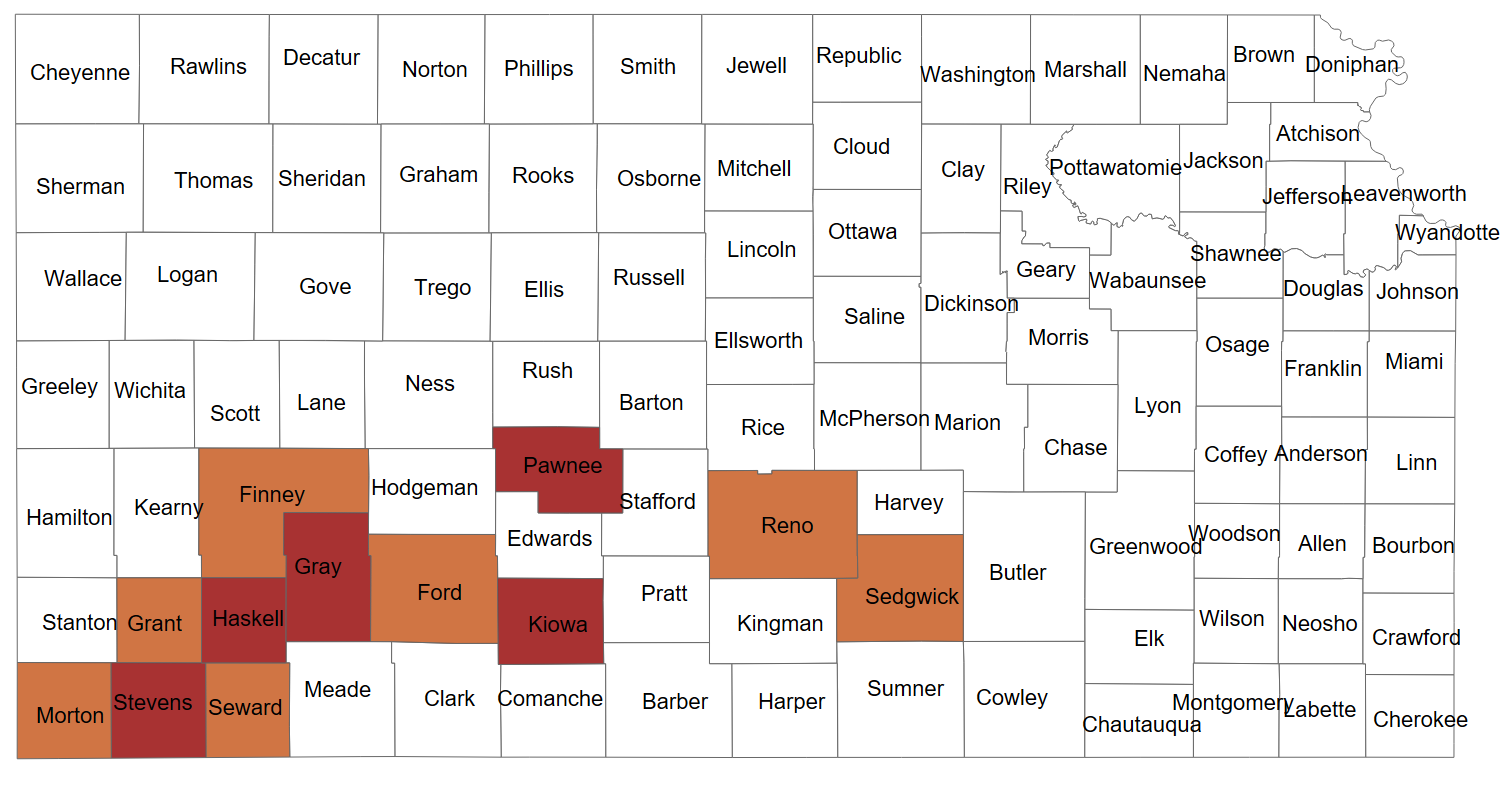 Kansas Measles Outbreaks by County Map